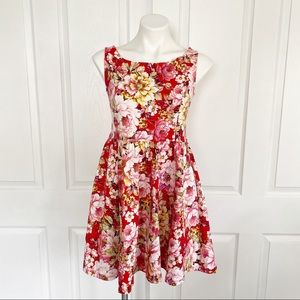 Lindy Bop Red Floral Sleeveless Swing Dress
